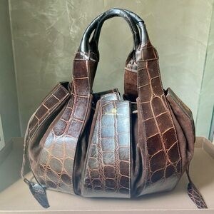 Domenico Vacca Italian Luxurious Brown Crocodile and Suede Leather Tote Bag